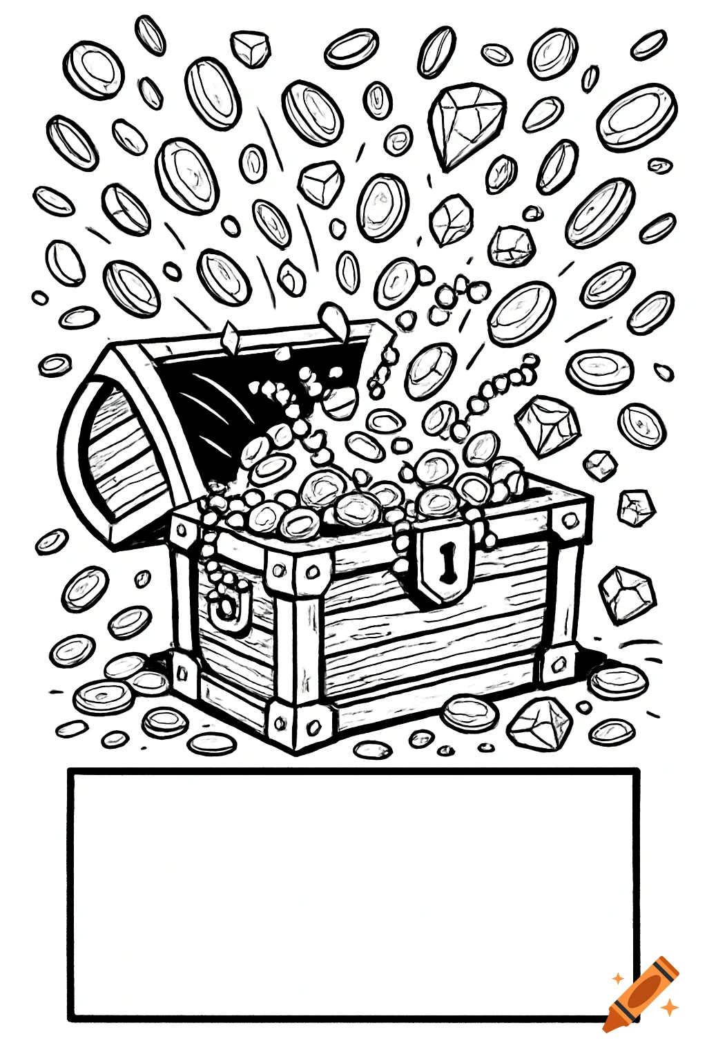 Black-and-white coloring page of an open treasure chest with coins and gems exploding out, above a blank text box.
