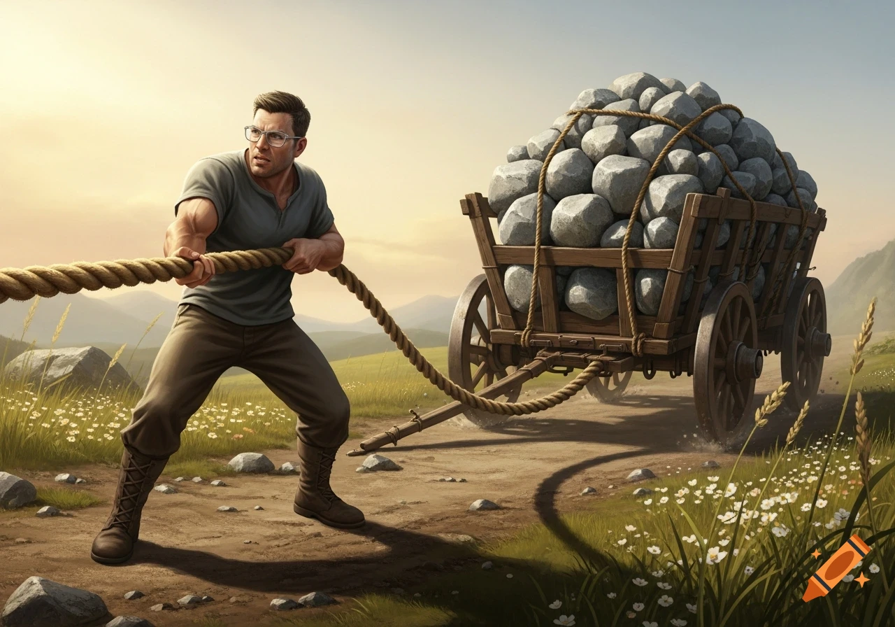A muscular man with eyeglasses pulls a large wooden wagon overflowing with rocks along a dirt path in a sunny, grassy field.