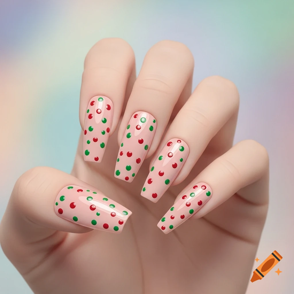 A hand with long, coffin-shaped nude-pink nails adorned with small red and green polka dots.