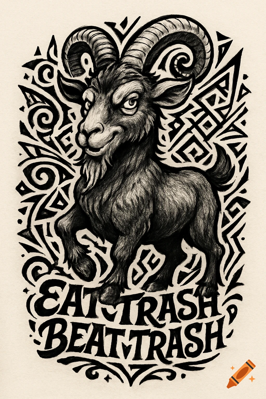 Black and white illustration of a stylized goat with large horns and a goatee, surrounded by tribal patterns and text.