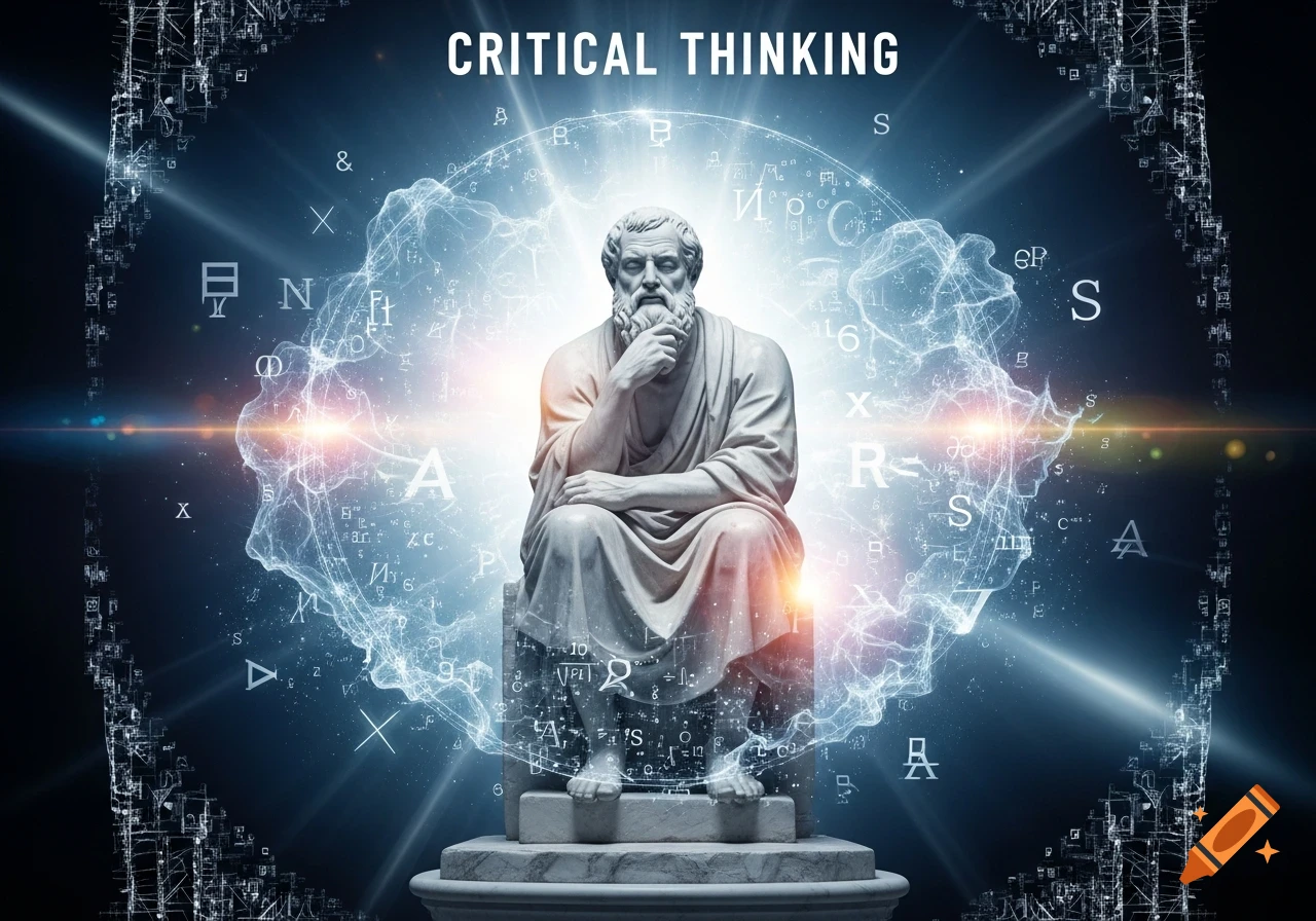 A white statue of an ancient philosopher in a thinking pose, centered within a glowing abstract sphere of symbols and text, with 'CRITICAL THINKING' above.