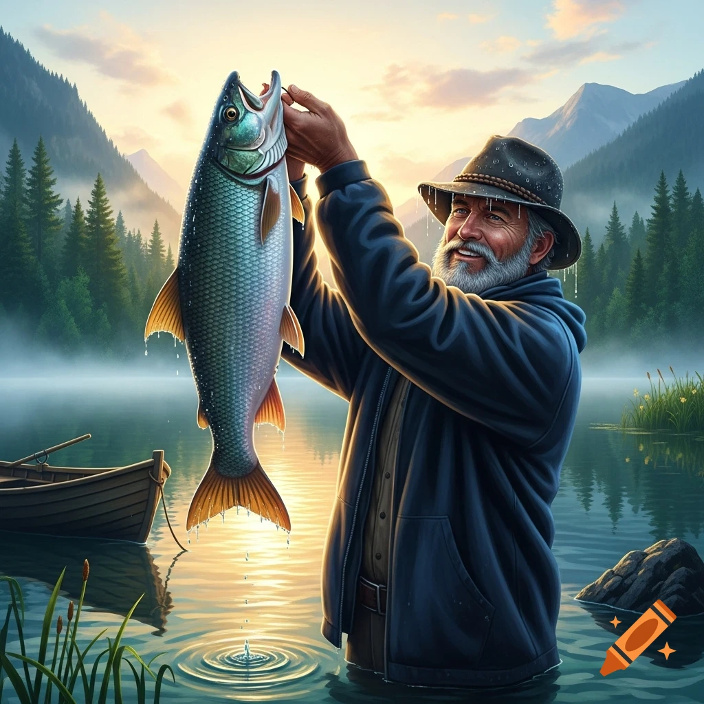A smiling old man in a hat stands in a misty lake, holding up a large fish he just caught, with mountains and trees in the background.