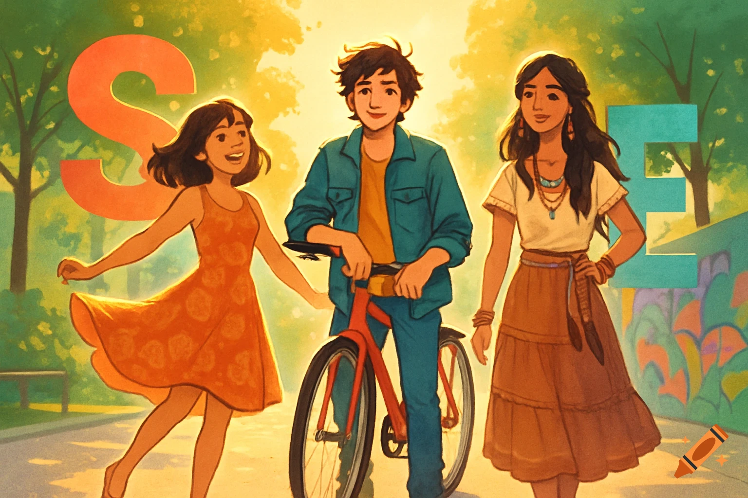 Illustration of three young friends in a sunny park with large letters S and E, one boy with a bike.