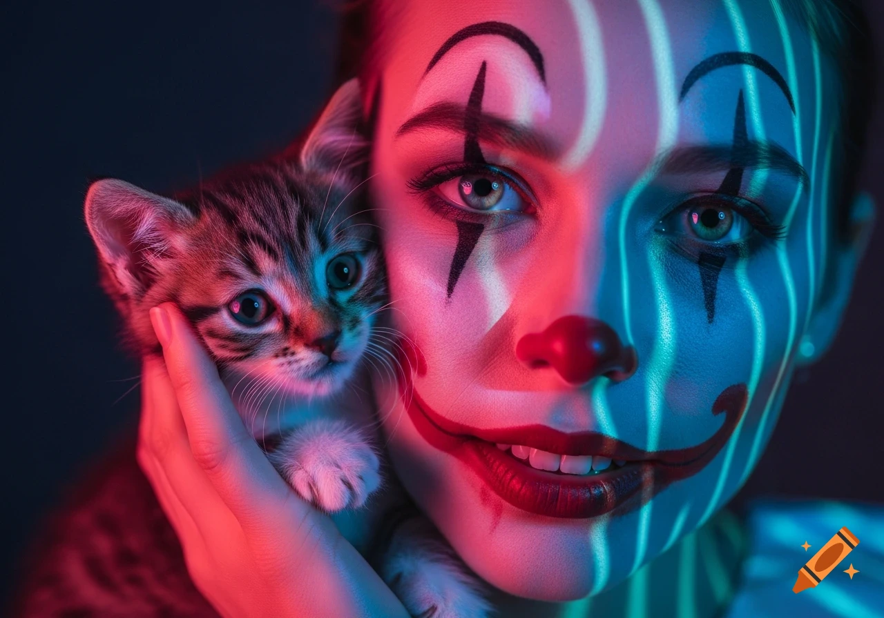Young woman with clown makeup holding a tabby kitten under surreal red and blue neon lights.