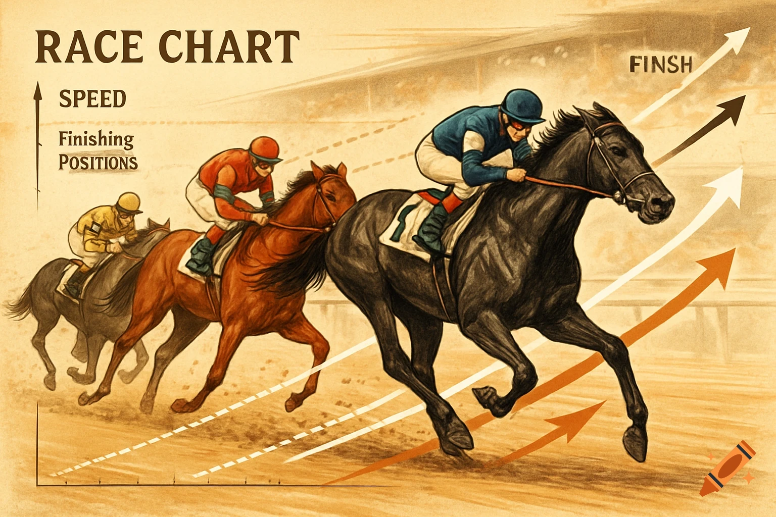 Vintage style illustration of a horse race chart with jockeys on horses, showing speed, finishing positions, and arrows.