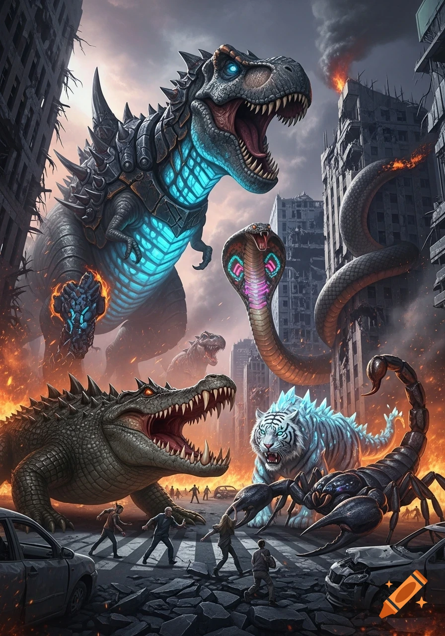 Giant mutant T-Rex, crocodile, cobra, white tiger, and scorpion attack a ruined city, with tiny figures of people fleeing in terror.