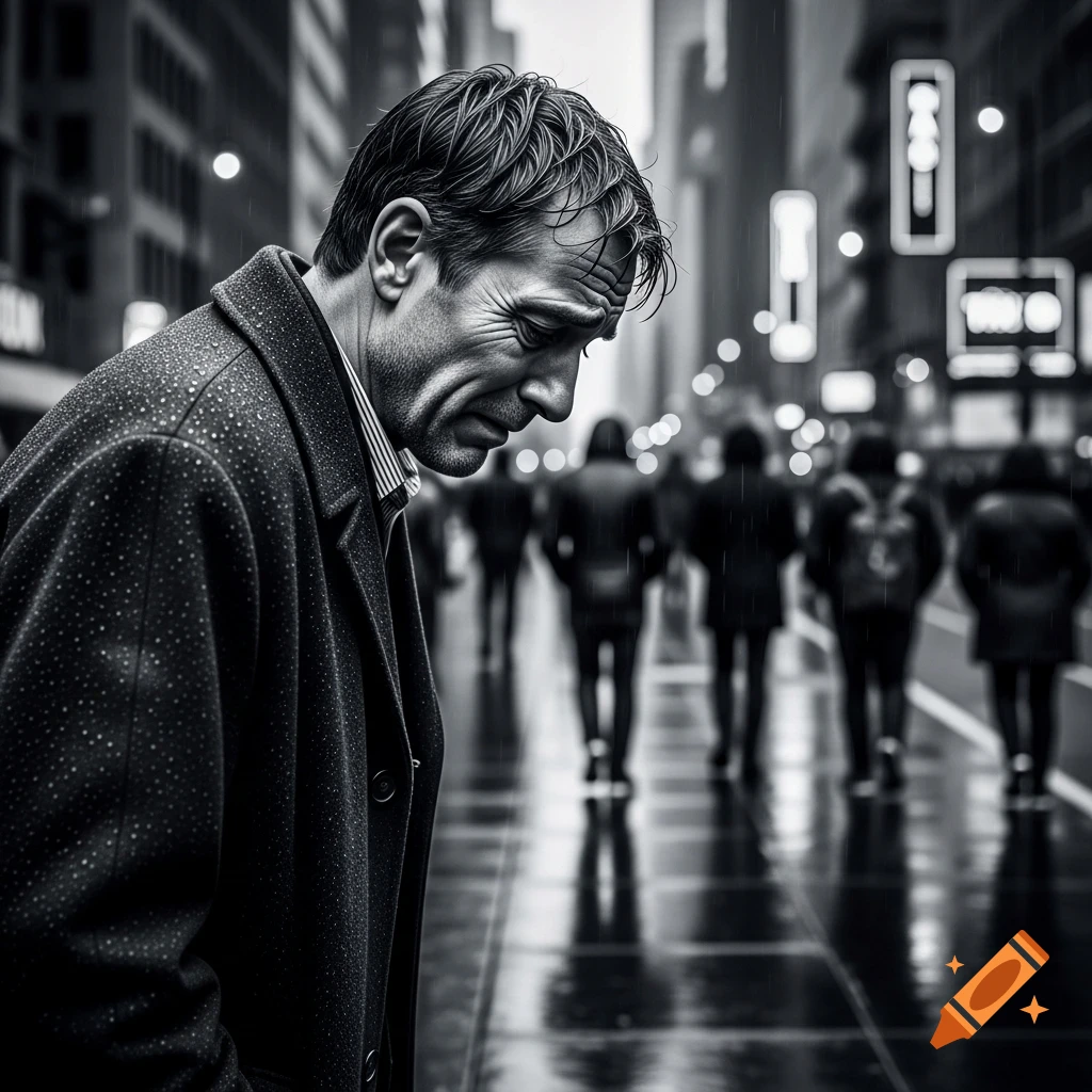 A man with a pained expression walks through a rainy, black and white city street, his head bowed.