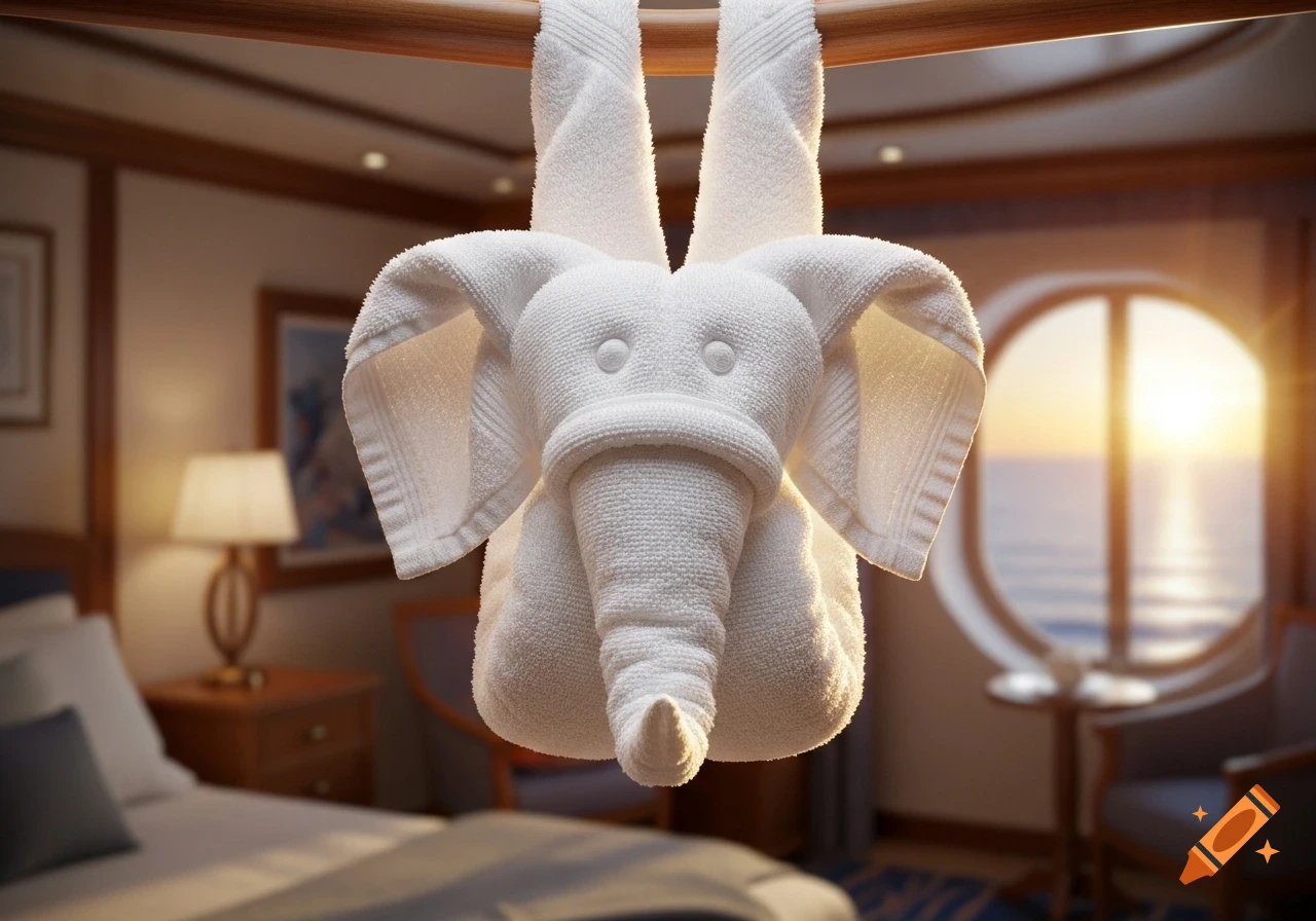 A white towel folded into an elephant shape, hanging from a wooden bar in a cruise ship cabin, with a bright sunset visible through a porthole window.