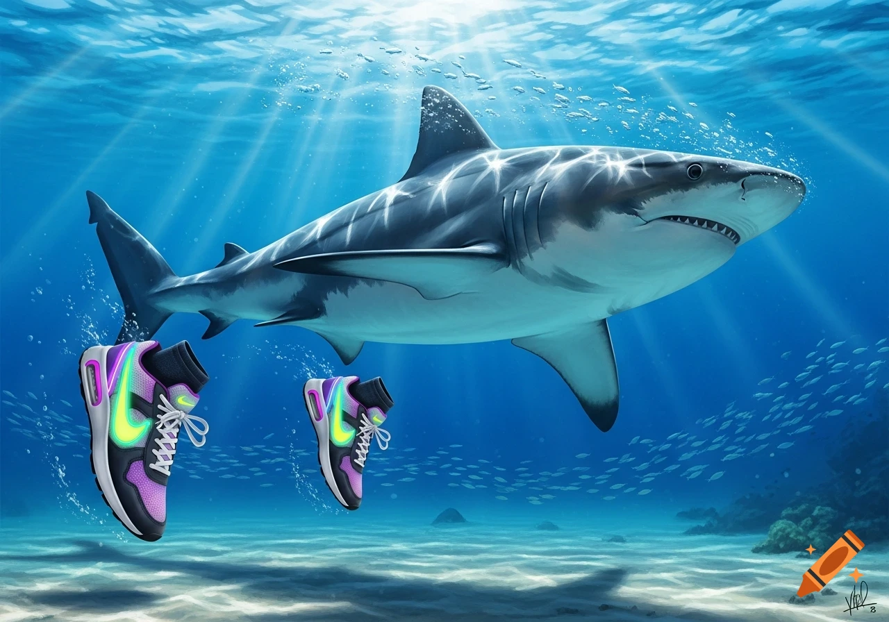 A shark swims underwater with two colorful Nike-style sneakers floating below it, light beams piercing the blue water.