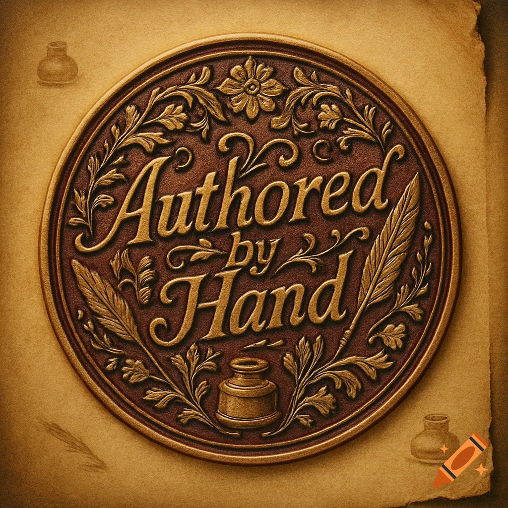 An ornate circular golden and brown embossed seal with the text 'Authored by Hand' surrounded by floral and leaf scrollwork, a quill, and an inkwell. It rests on aged parchment paper.