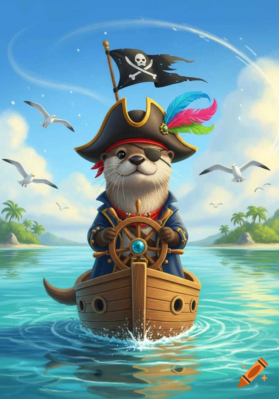 A friendly otter dressed as a pirate, steering a small wooden boat on the ocean under a blue sky, with tropical islands and seagulls in the background.