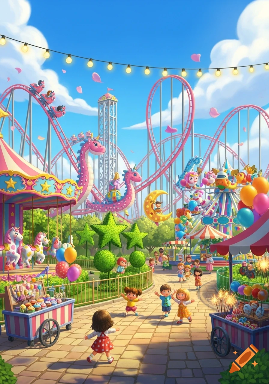 A vibrant cartoon theme park with children, carousels, candy stalls, and rollercoasters under a sunny sky.