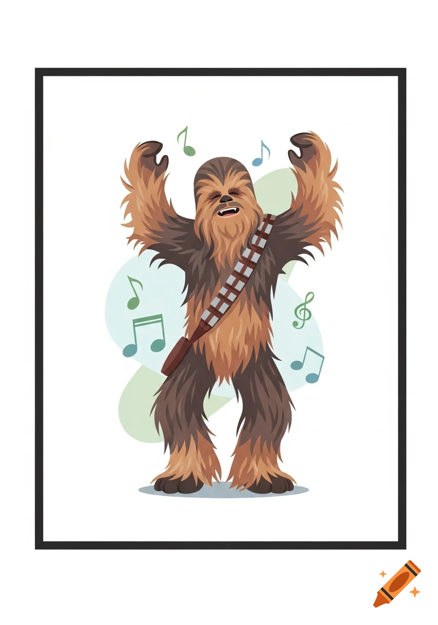 A cheerful, cartoon-style Chewbacca dances with arms raised, surrounded by floating musical notes on a white background.