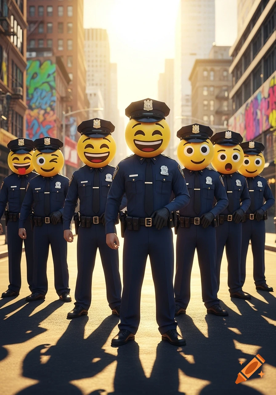 Several emoji-headed policemen stand in formation on a sunny urban street.