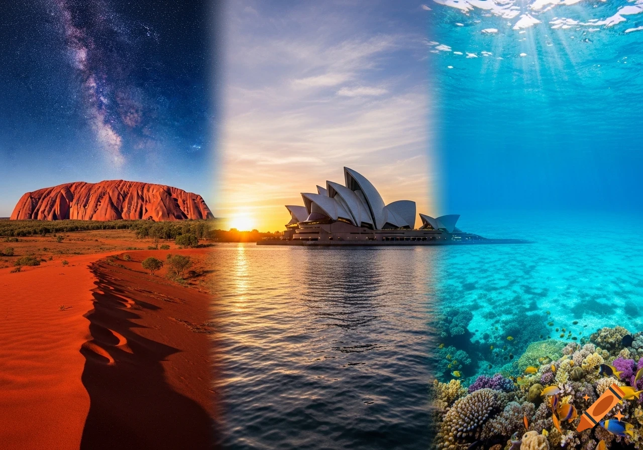 Photorealistic composite of Uluru, Sydney Opera House at sunset, and an underwater coral reef.