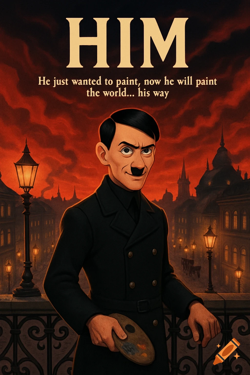 A Disney-style animated poster of a caricatured Adolf Hitler with a small mustache, holding a paint palette, standing on a balcony overlooking a city under a fiery red sky. Text reads "HIM" and "He just wanted to paint, now he will paint the world... his way".