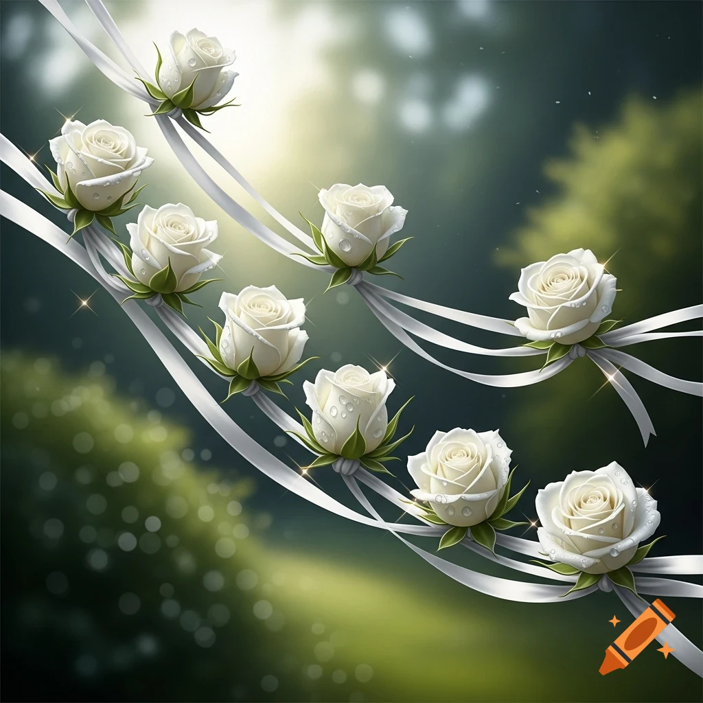 White roses with dewdrops tied to white ribbons against a blurred green background.