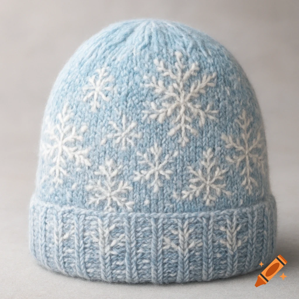 A light blue knitted beanie adorned with white embroidered snowflakes, presented against a light grey background.
