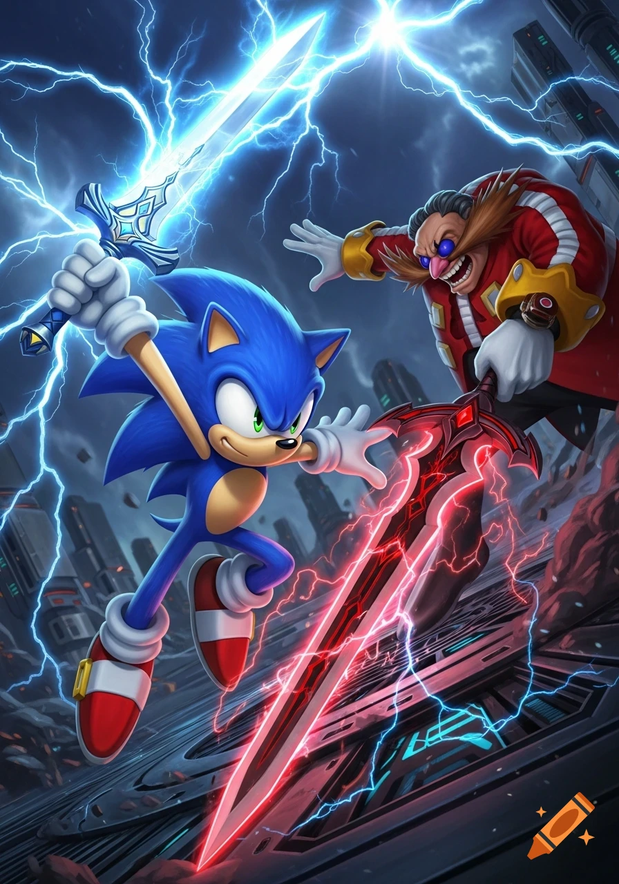 Sonic the Hedgehog and Dr. Eggman clash with glowing swords amidst lightning in a dynamic, futuristic city battle scene.