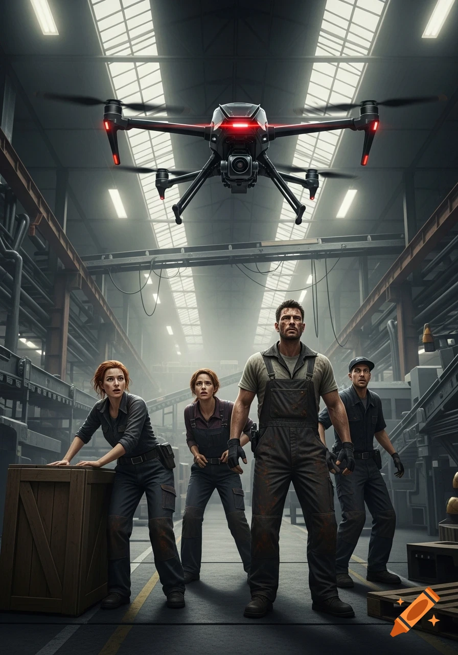Four people in work clothes look up in concern at a drone hovering in an industrial warehouse, photorealistic.