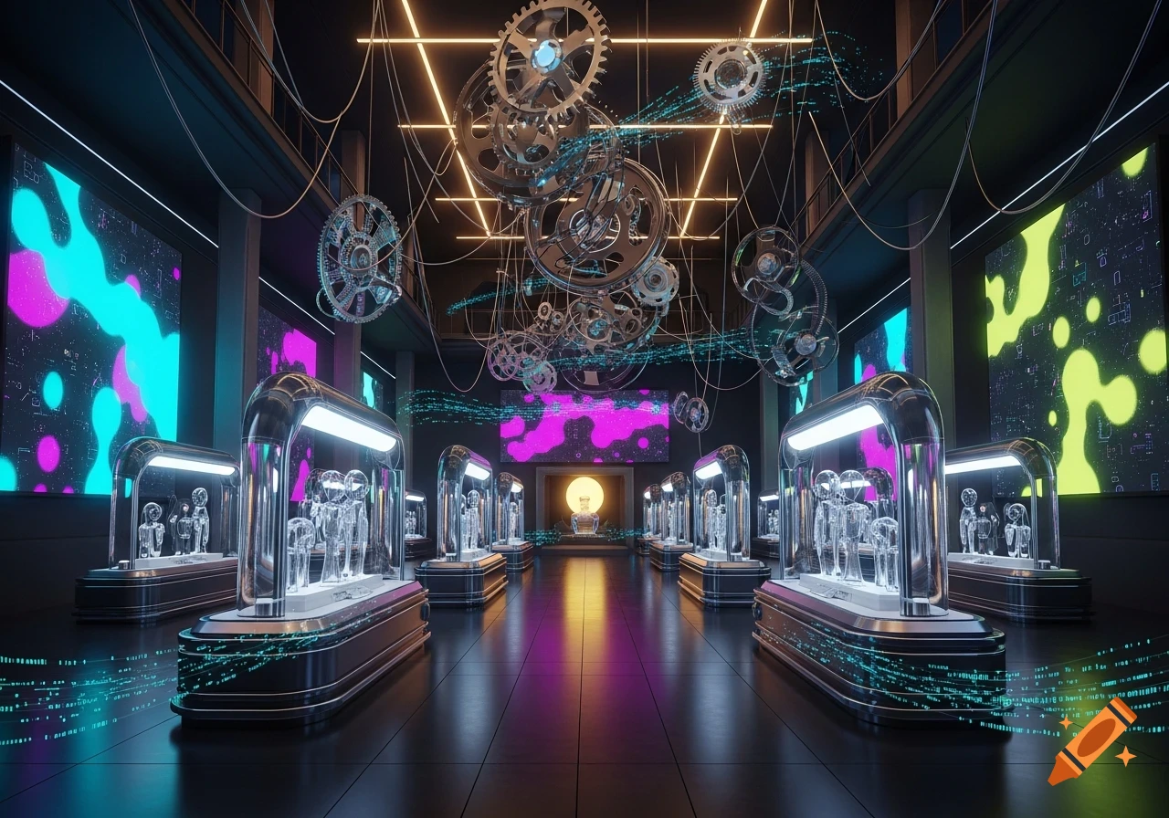 A futuristic museum hall with rows of glass displays holding translucent humanoid figures, large gears overhead, and neon screens.