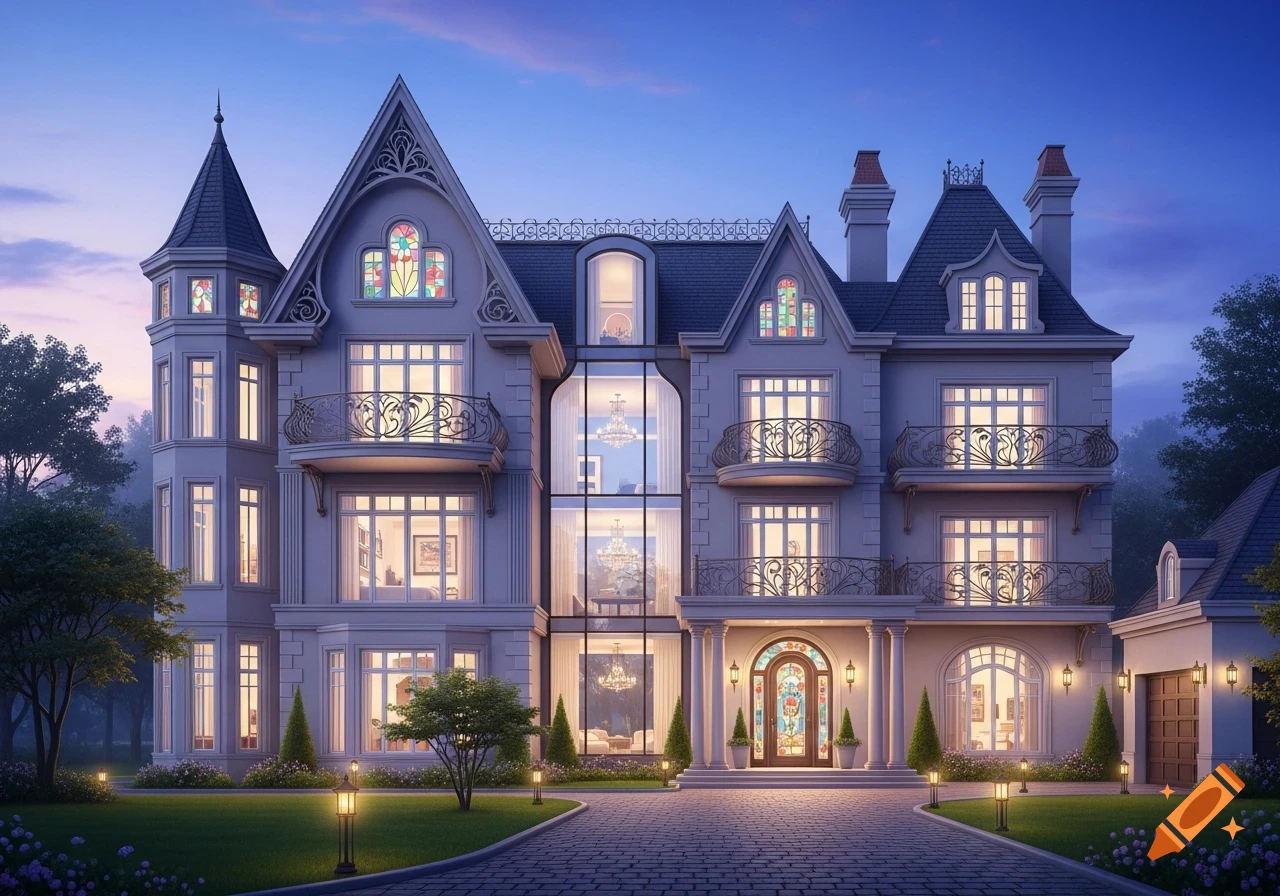 A grand, ornate mansion with intricate details and illuminated windows at dusk, featuring a paved driveway and landscaped garden.