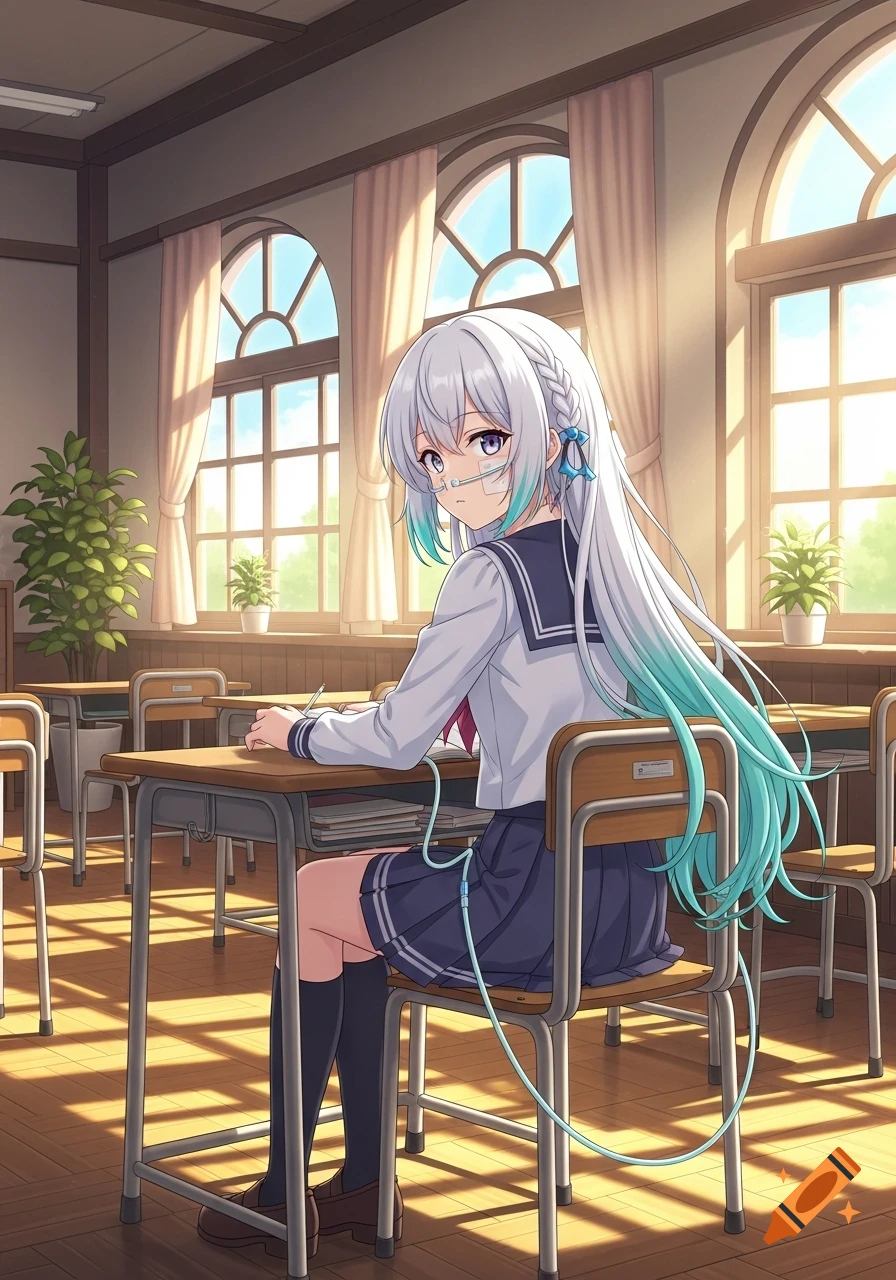 Anime schoolgirl with white and blue hair and a nasal cannula sits at a wooden desk in a sunlit classroom, looking over her shoulder.