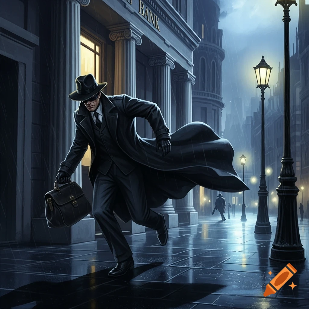 A man in a trench coat and fedora runs with a briefcase from a bank building in a dark, rainy urban street scene.