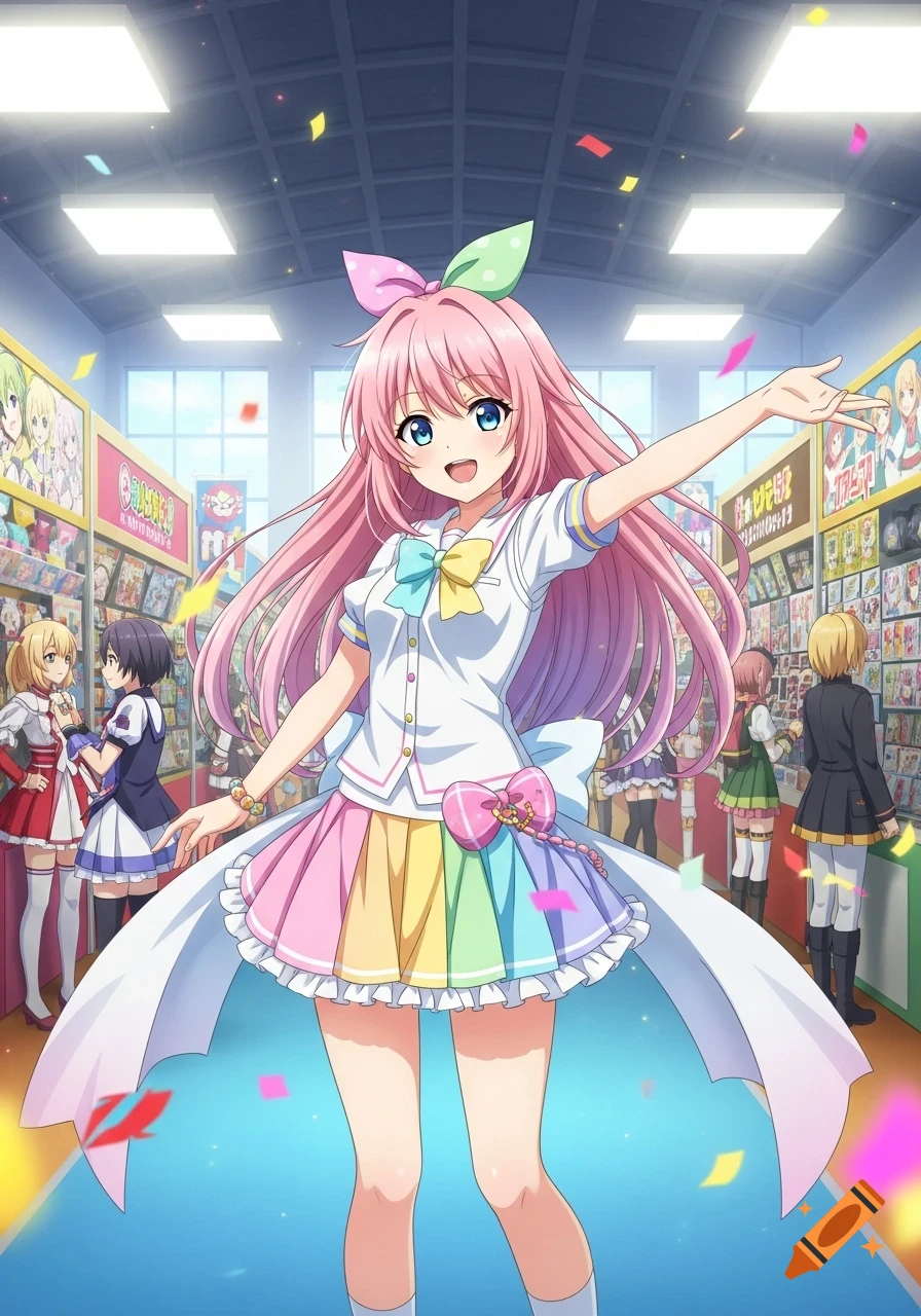 A cheerful pink-haired anime girl in a colorful dress stands in an anime goods shop with her arm outstretched as confetti falls.