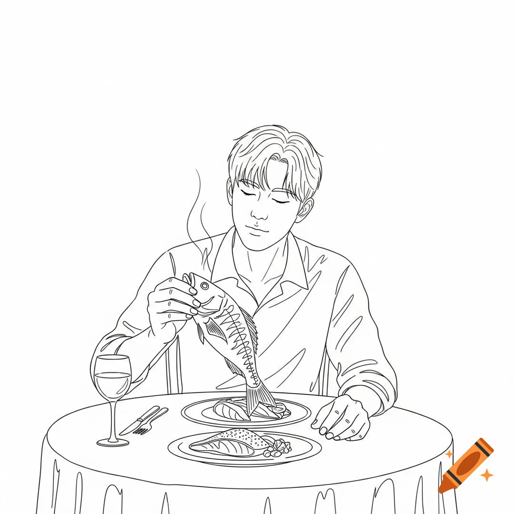 Line drawing of a man with closed eyes, sitting at a table, holding a fish over a plate, with wine and another dish nearby.