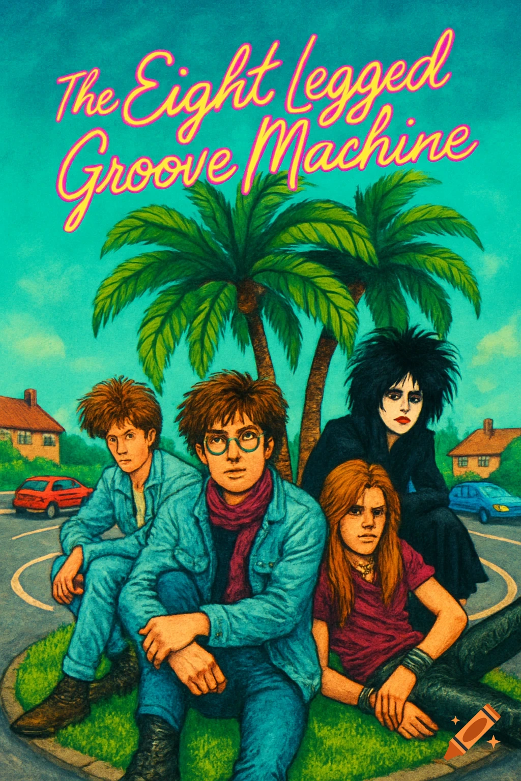 A stylized album cover features four young people with 80s hairstyles, including a goth, sitting under palm trees on a roundabout. Text at the top reads "The Eight legged Groove Machine".