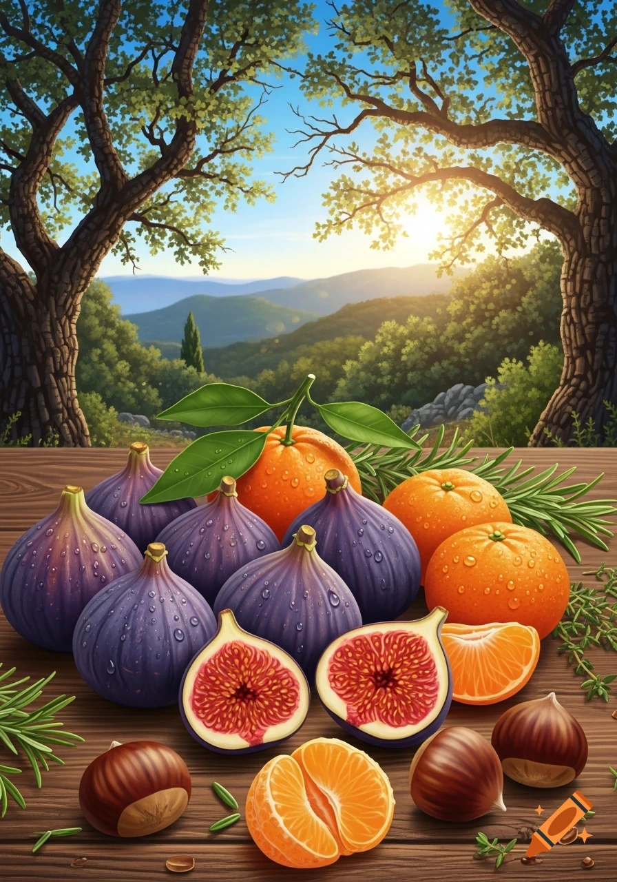 A stylized illustration of fresh figs, oranges, and chestnuts on a wooden table, with a sunny, forested landscape and mountains in the background.