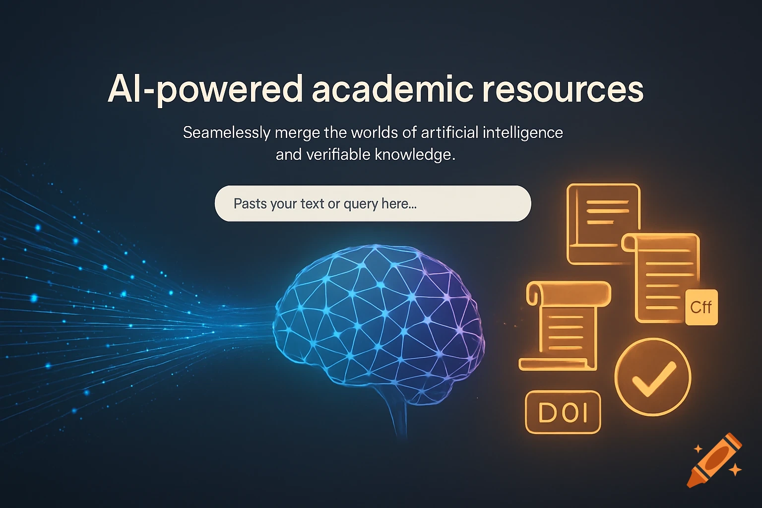 A dark blue image showing a glowing neural network brain with light streams. On the right, glowing document icons with "DOI" and "Cff" and a checkmark. Top text reads "AI-powered academic resources" and a search bar says "Pasts your text or query here..."