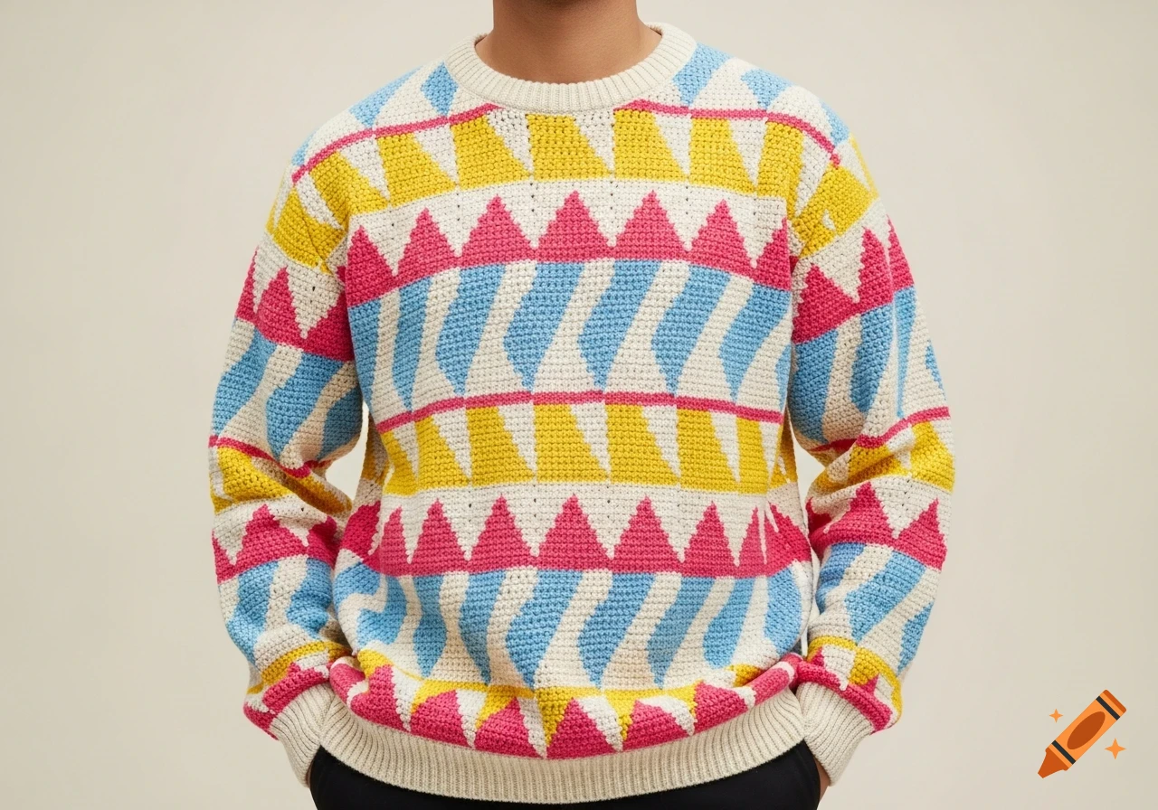 A person wears a colorful crochet sweater with creme, pink, yellow, and sky blue geometric triangle patterns.