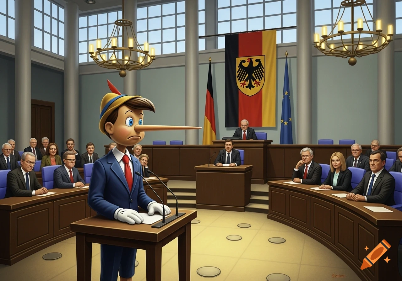 Cartoon Pinocchio with a long nose speaks at a podium in a legislative chamber with politicians, German and EU flags.