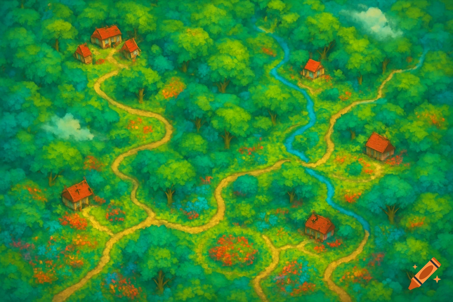 Colorful, stylized bird's eye view game map of a vibrant green forest with winding dirt paths, a blue river, and small houses with red roofs.