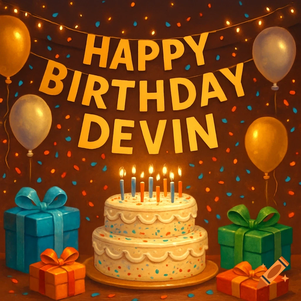 A two-tier birthday cake with lit candles, surrounded by gift boxes and balloons, under a "HAPPY BIRTHDAY DEVIN" banner.