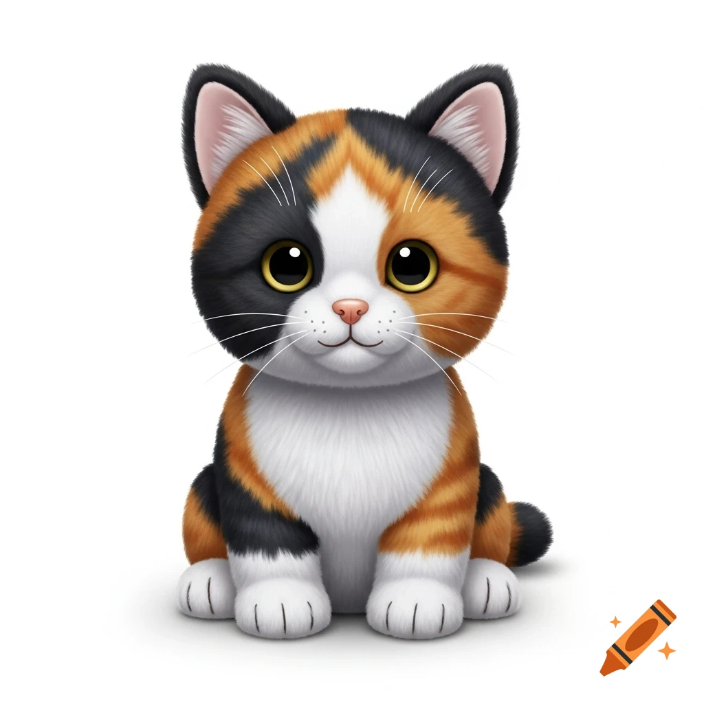 A cute, cartoon-style calico cat plush with big eyes sits against a white background.