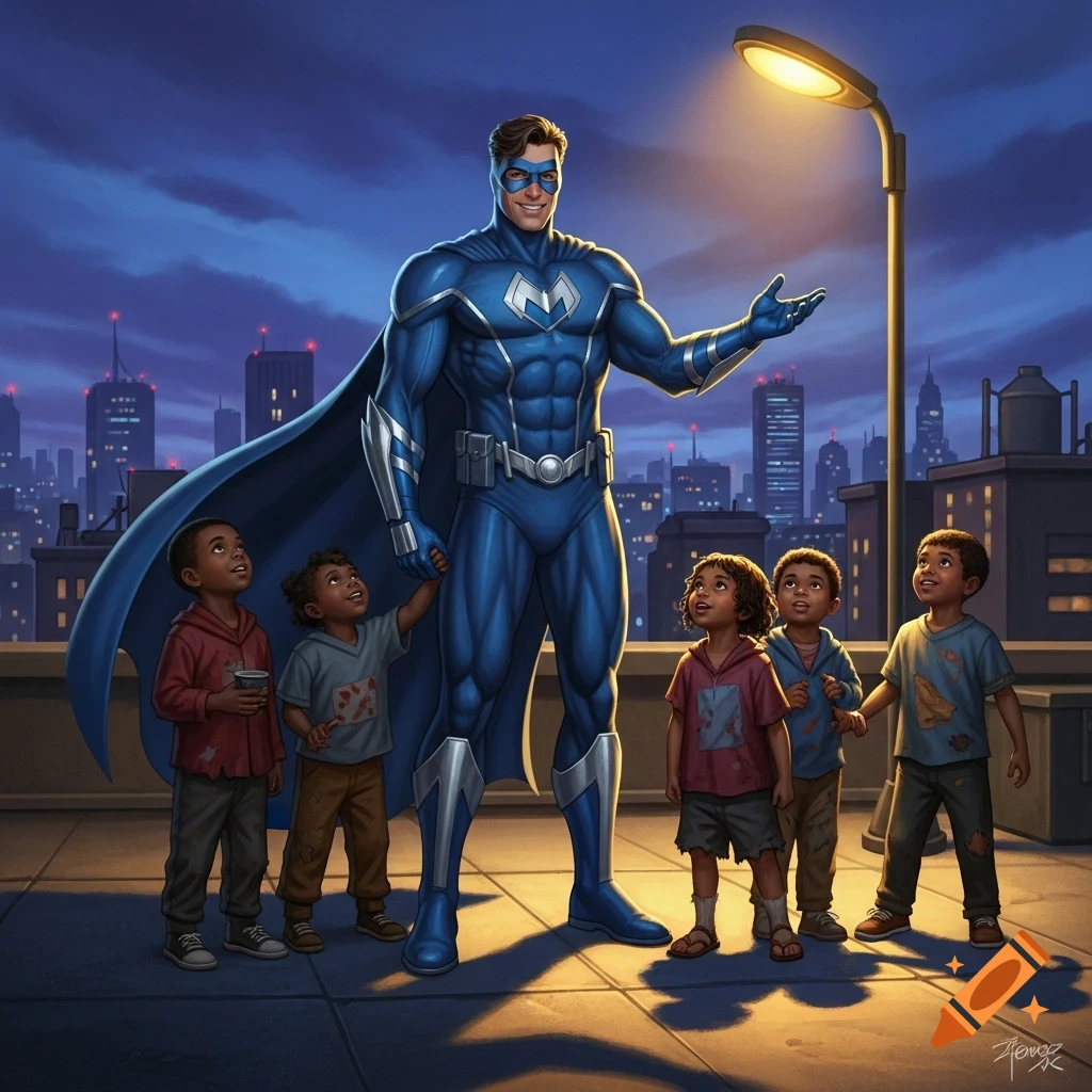 A muscular superhero in a blue suit with an 'M' symbol on his chest stands on a city rooftop at dusk, smiling at five diverse children gathered around him, lit by a streetlamp. Digital art style.