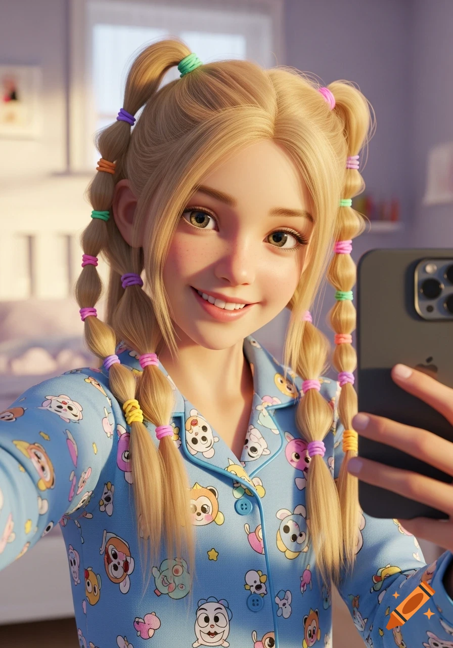 Hyper-realistic blonde girl in blue cartoon pajamas taking a selfie, her hair styled with colorful rubber bands.