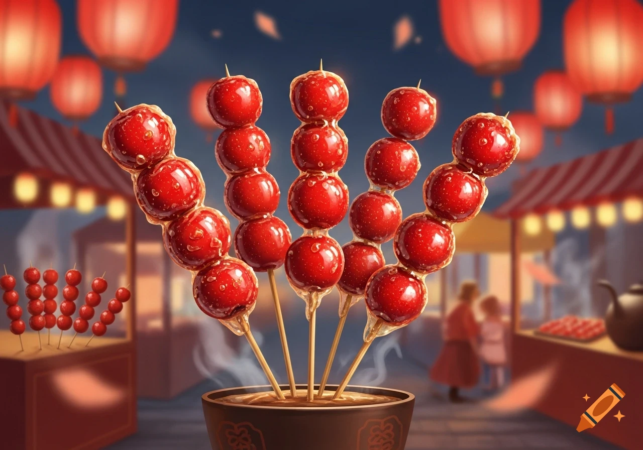 Close-up of several skewers of candied red hawthorns in a pot, with a blurred night market scene and red lanterns in the background.
