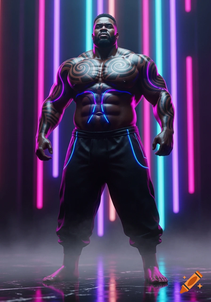 A muscular Black man with tribal tattoos and glowing blue lines on his body, stands in a dark room with vertical neon pink and blue lights.