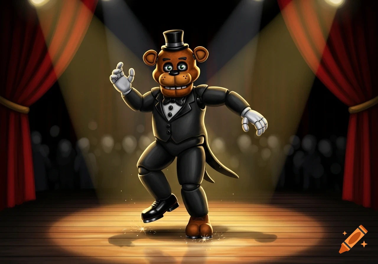 Freddy Fazbear, a brown animatronic bear in a black tuxedo and top hat, tap dances on a spotlighted wooden stage with red curtains.