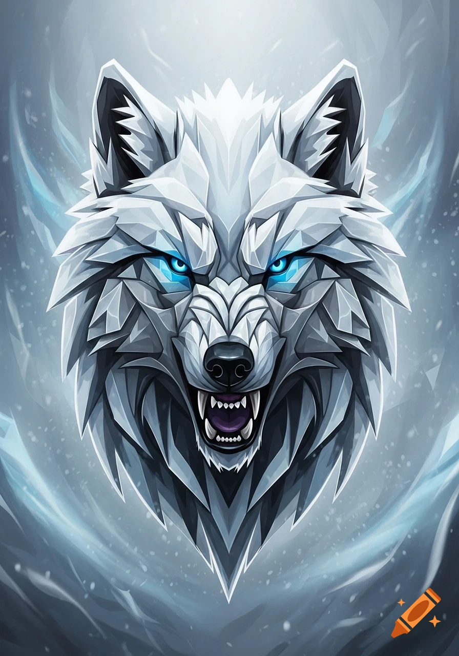 A stylized white wolf head snarling with bright blue eyes, composed of jagged, crystalline pieces, against a swirling icy background.