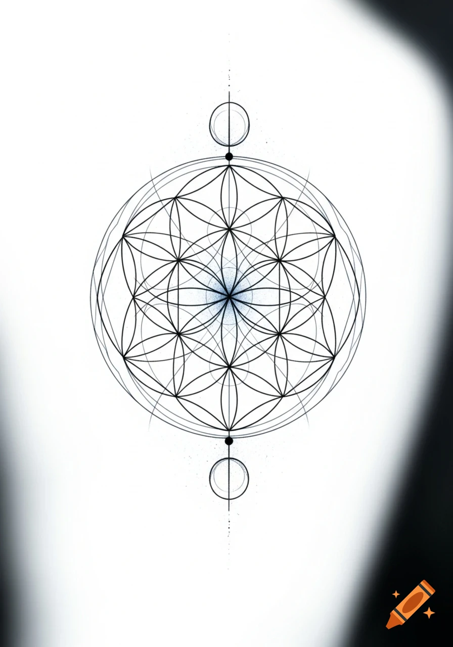 A black and white sacred geometry 'Flower of Life' design, featuring overlapping circles and an ethereal glow, like a tattoo sketch.