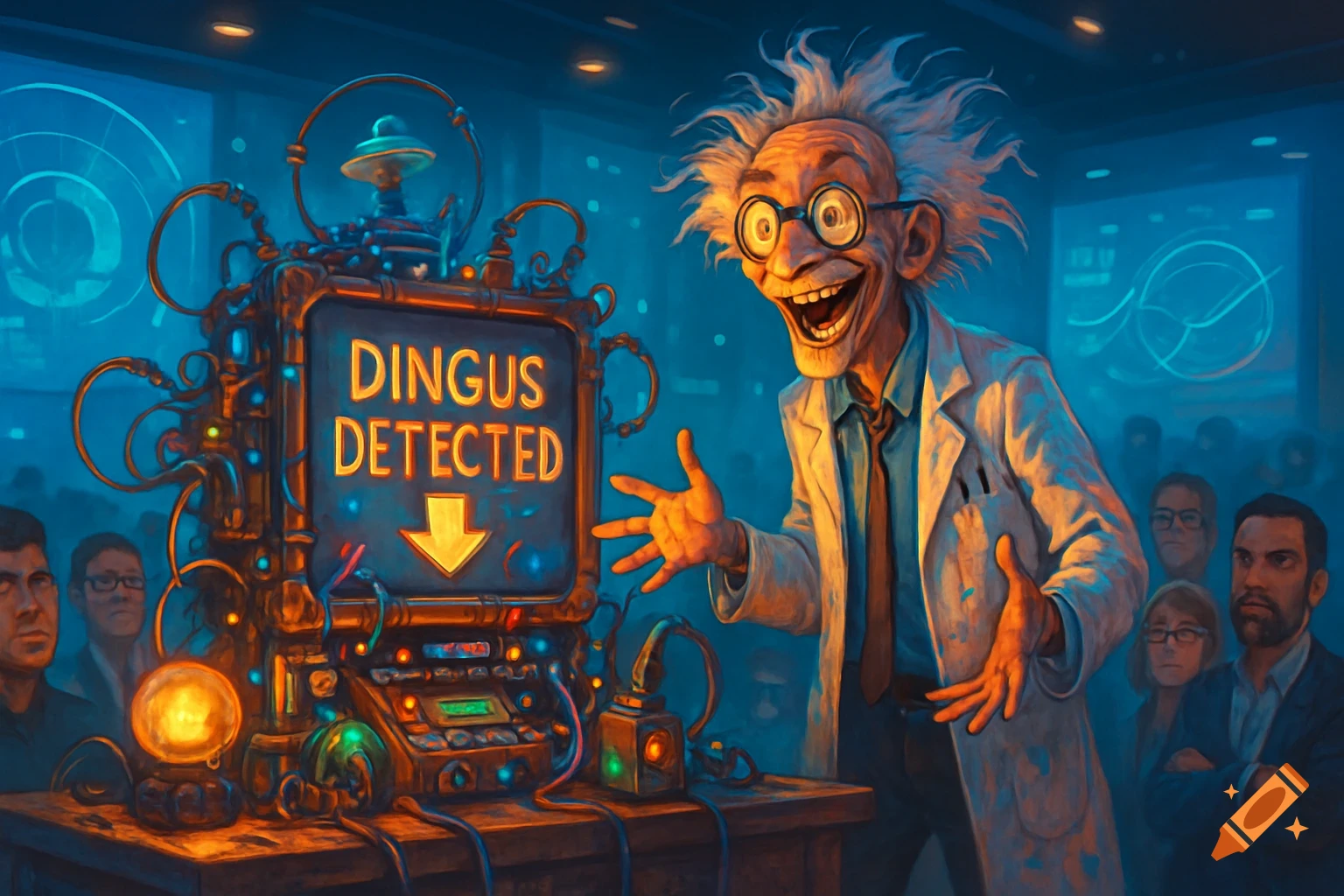 A grinning, wild-haired mad scientist in a lab coat points excitedly at his complex 'Dingus Detector' machine in a cartoonish, sci-fi lab.