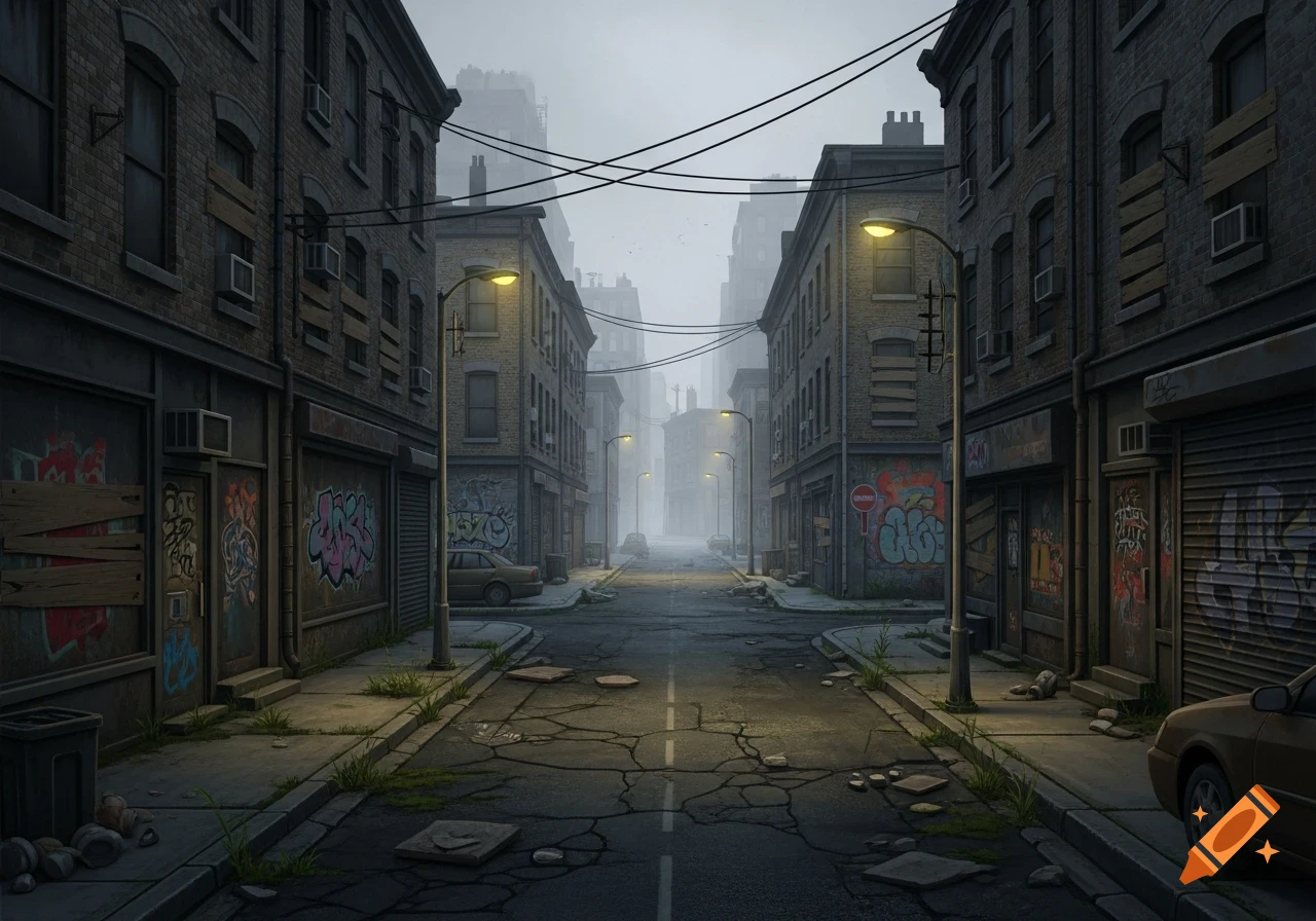 A desolate, foggy urban street lined with old, brick buildings covered in graffiti and boarded-up windows, with streetlights glowing.