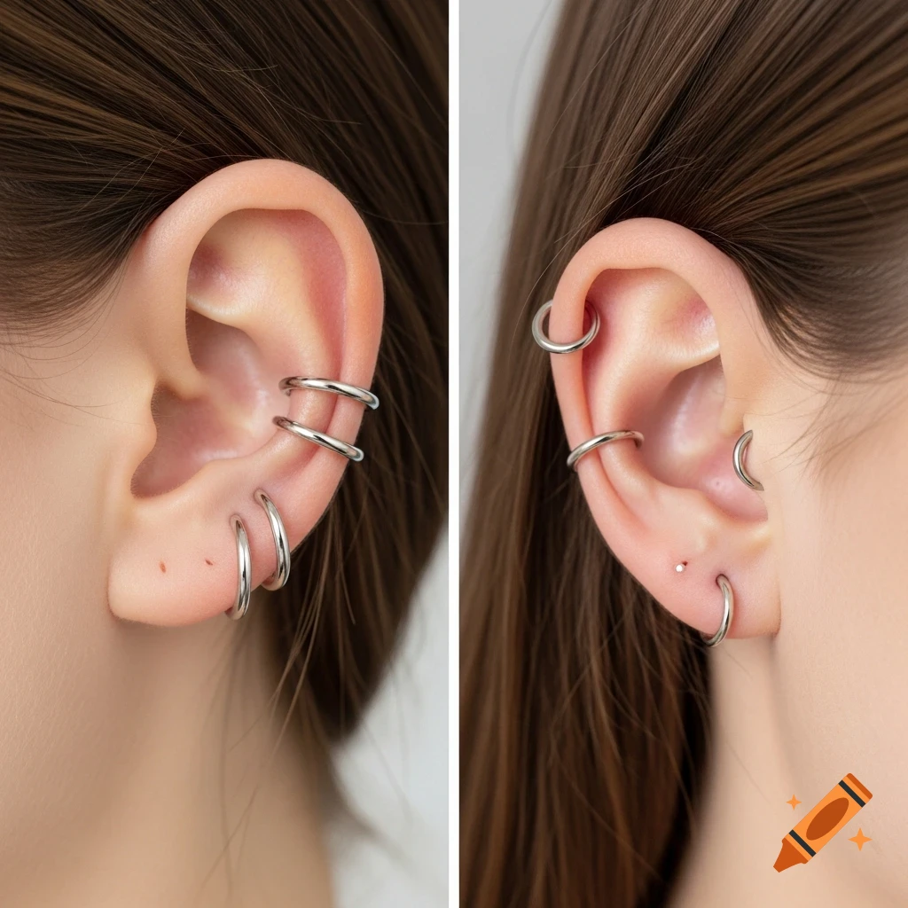 Close-up of two female ears with various silver hoop and stud piercings, showcasing different styles.