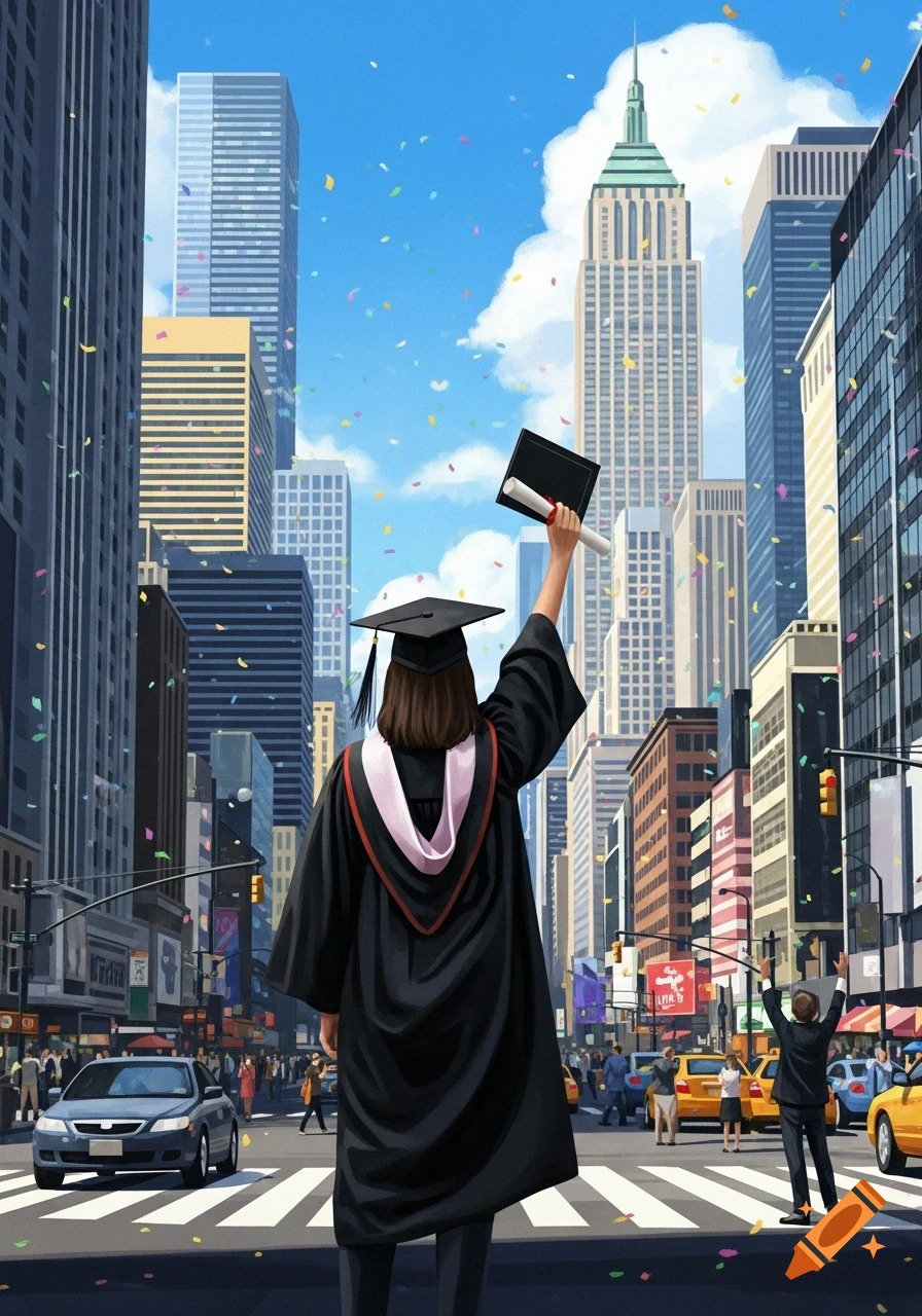A college graduate in a cap and gown stands in a city street, holding a diploma aloft amidst confetti, with tall buildings in the background.
