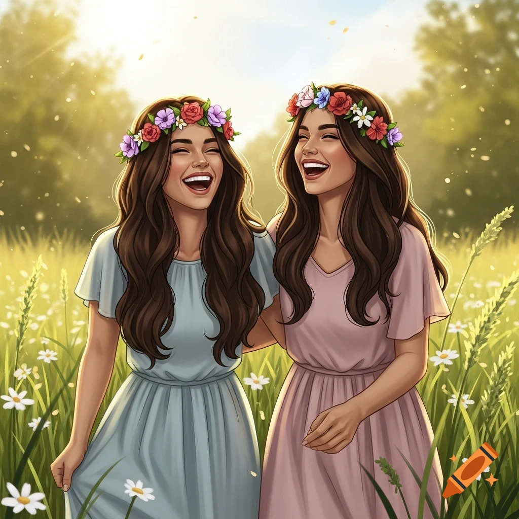 Two joyful women with flower crowns and long brown hair laughing and walking arm-in-arm in a sunny field with wildflowers. Illustration.